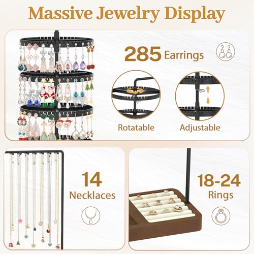 MODOWEY Earring Holder Organizer Jewelry Stand, 285 U-Slots Adjustable Rotating Earring Tree Rack, 14 Hooks Tall Necklace Display for Women, 5 Tier Compact Large Capacity Tower with Ring Tray, Black - color: Black-Brown