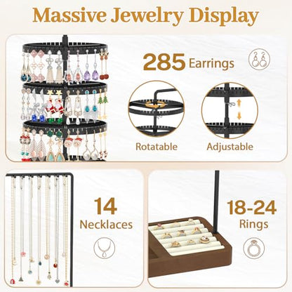 MODOWEY Earring Holder Organizer Jewelry Stand, 285 U-Slots Adjustable Rotating Earring Tree Rack, 14 Hooks Tall Necklace Display for Women, 5 Tier Compact Large Capacity Tower with Ring Tray, Black - color: Black-Brown