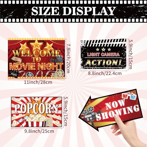 Hooqict 20 Pieces Movie Night Decorations Movie Themed Party Directional Signs for Cinema Welcome Now Showing Theater Film Birthday Party Decorations Supplies - style: Movie