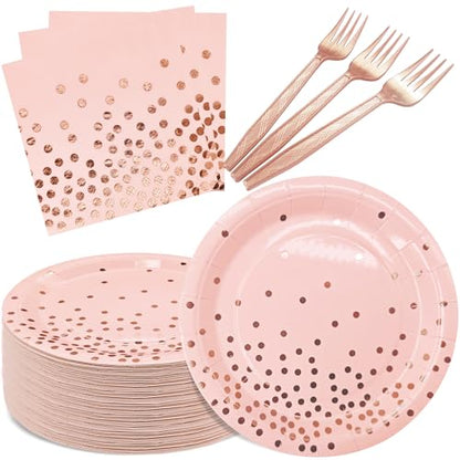 Serve 35 Guests Pink and Rose Gold Plates and Napkins Party Supplies,7 Inch Happy Birthday Pink Paper Plates Disposable for Bridal Showers Birthday Wedding - color: Pink Rose Gold Dot Paper Plate