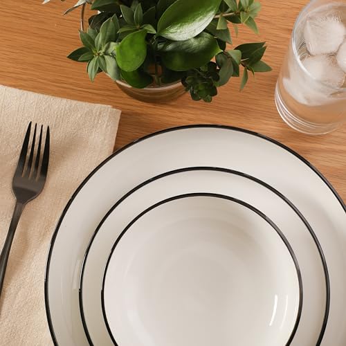 Gibson Home Havenstone 12-Piece Porcelain Dinnerware Set – Dinner Plates, Salad Plates & Bowls, Classic White With Black Rim Everyday Dish Set for Home, Kitchen, Microwave & Dishwasher Safe - color: White w/ Black Rim (Havenstone)