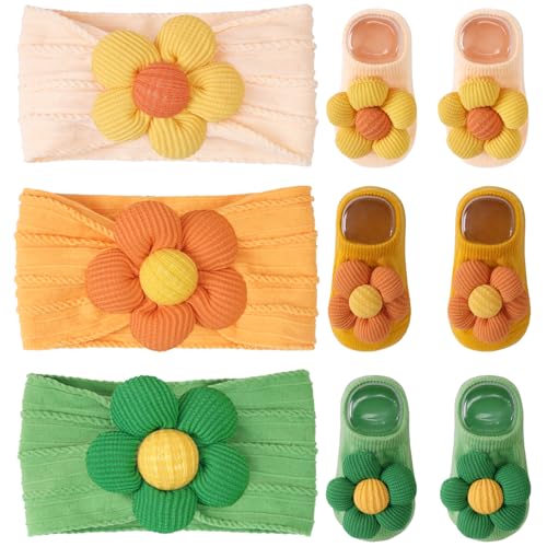 CÉLLOT Baby Girl Headband and Socks, Non-Slip Floral Socks and Soft Floral Nylon Hairbands for Babies Infants and Toddlers (Salmon+Yellow+Green) - color: Salmon+Yellow+Green