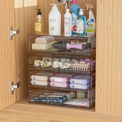 Clear Stackable Makeup Organizer with Drawer, 12''W Acrylic Storage Drawers, Cosmetic Display Case for Vanity Bathroom Countertop, Beauty Holder for Lipstick Brush Skincare Perfume - size: 3 Pack