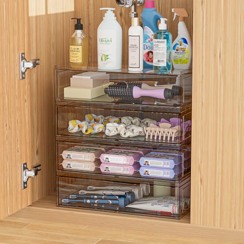Clear Stackable Makeup Organizer with Drawer, 12''W Acrylic Storage Drawers, Cosmetic Display Case for Vanity Bathroom Countertop, Beauty Holder for Lipstick Brush Skincare Perfume (4 Pack) - size: 4 Pack