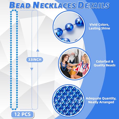 YAXINRUI 12 PCS Blue Bead Necklaces, Mardi Gras Christmas Bead Necklaces, Blue Patriotic Necklace, 33 Inch Round Beaded Necklaces for Mardi Gras Christmas 4th of July Festive Events - color: Blue, size: 12 Pcs