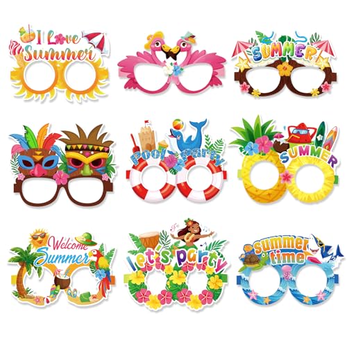Konsait 18 Pack Luau Beach Pool Summer Paper Glasses for Adults, Hawaiian Aloha Party Favors, Accessories & Photo Props