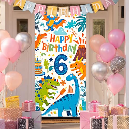 HOMETITUTE 6th Birthday Door Cover 71x35 Inch Dinosaur Theme Birthday Banner for Kids Party Decorations Volcano Jungle Backdrop Sign for Boys Girls Cake Table Props - color: Colorful Dinosaur 6