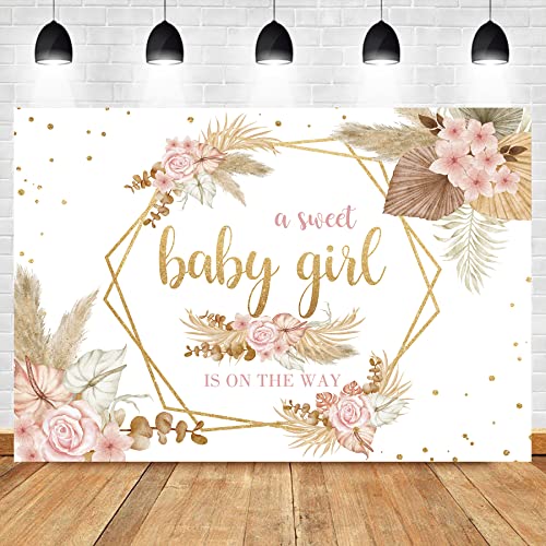 Baby Shower Girl Boho Bohemian Floral Sweet Baby Backdrop 7Wx5H Feet Polyester Fabric Blush Pink Flower Pampas Grass Gold Party Decoration Newborn Photography Background Photo Shoot Prop - color: 01Baby Shower, size: 7Wx5H