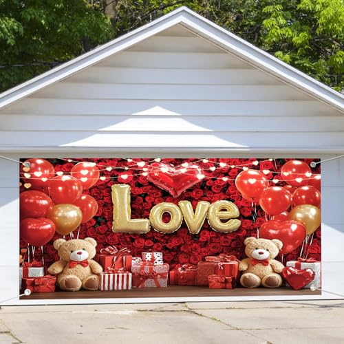7X8ft Valentine's Day Garage Door Cover Background Love Heart Balloon Red Rose Flower Bear Photography Background Decoration Wedding Bridal Shower Anniversary Party Decoration Banner Cover - color: Red3, size: 7X8