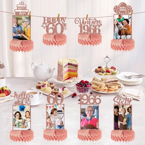 Guiruiy 8Pcs 60th Birthday Decorations Honeycomb Centerpieces for Women, Pink Rose Gold Glitter Vintage 1966 60 Birthday Photo Table Centerpieces Party Supplies, Pink Sixty Bday Photo Table Topper - style: Rose Gold 60th