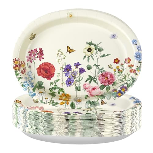 50Pcs Wild Flower Oval Paper Plates 10" x 12" Large Heavy Duty Disposable Vintage Wildflower Platters Spring Floral Dessert Plates for Wedding Bridal Baby Shower BBQ Tea Dinner Party Supplies - style: 50Pcs Vintage Floral Oval Paper Plates