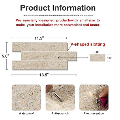 20-Sheet Greek Beige Sandstone Peel and Stick Backsplash - 13.5" x 5.8" Thickened 3D Subway Tile - 1.4X Coverage Area Grout-Free Wall Tiles for Kitchen & Bathroom (9.2 Sq.Ft) - color: Beige Sandstone Texture