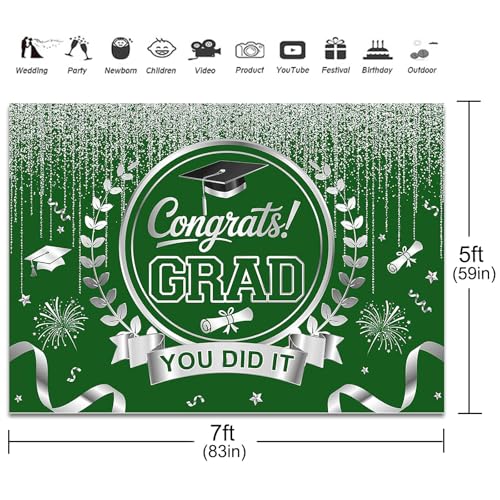 Graduation Backdrop Congrats Grad You Did It Party Decorations Background Congratulations Graduate Class of 2026 Banner Photo Booth Props (Green and Silver, 7x5ft) - color: Green and Silver