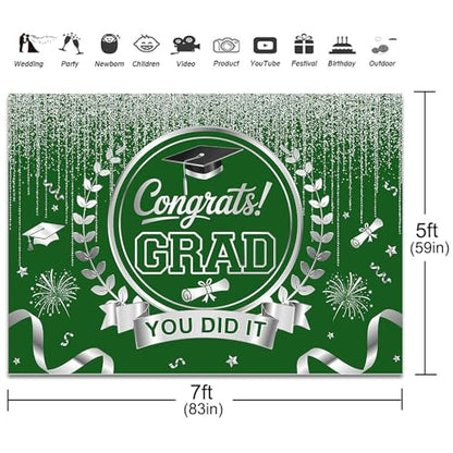 Graduation Backdrop Congrats Grad You Did It Party Decorations Background Congratulations Graduate Class of 2026 Banner Photo Booth Props (Green and Silver, 7x5ft) - color: Green and Silver
