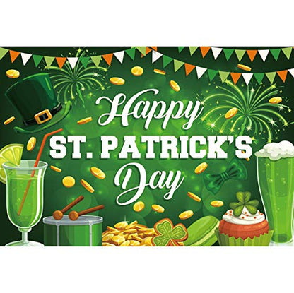 7x5ft Polyester Happy St.Patrick's Day Backdrop Cartoon Green Four-Leaf Clover Green Hat Pot of Gold Photography Background Lucky Irish Shamrock for Children Baby Adults Portraits Photo Studio - color: Green 39852
