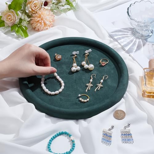 UNICRAFTALE Round Jewelry Organizer Plate Velvet Jewelry Display Tray Dark Green Dish Showcase Display Organizer Trinket Storage for Women Ring Earring Necklace 8.26 Inch Inner Diameter - style: Round