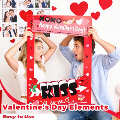 Valentine's Day Photo Booth Frame - Red Pink Kiss is in The Air Funny Paper Photo-Props Background Photography, Romantic Valentine's Day Party Supplies for Couples, Galentine's & Date Night - color: Valentine Party Photobooth Props