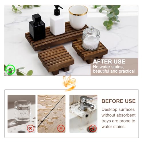 Klunk Waterproof Wood Risers Set of 3 (1 Long 8.7" + 2 Small 3.6"), Rustic Countertop Organizer Display Stands for Bathroom Vanity, Perfume & Skincare, Kitchen Spice Rack Riser, Farmhouse Decor