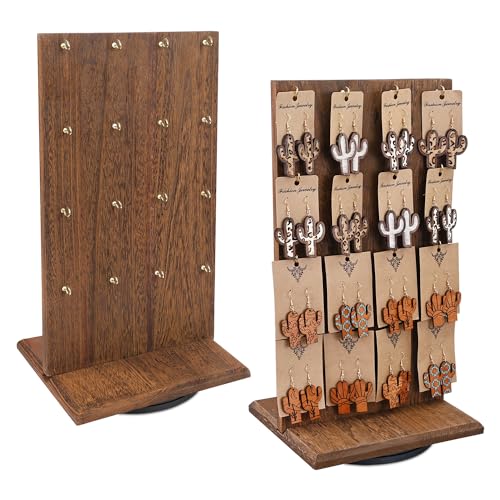 Ikee Design 2 Pcs Wooden Rotating Two-Sided Jewelry Display Stand, Rotating Organizer with 32 Hooks for Store, Keychain Earring Display with Hooks, Brown color, 9 W x 7.5 D x 16.5 H in - color: Brown, 2 Pieces, Standard Hook