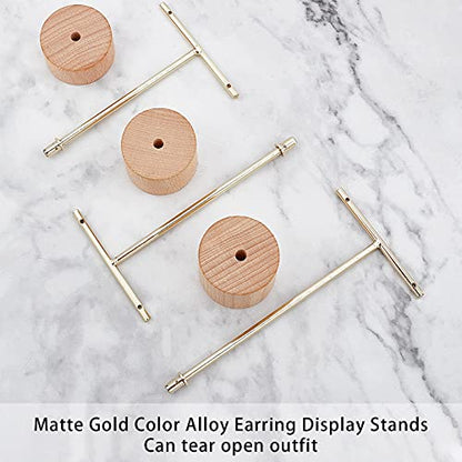 FINGERINSPIRE Gold Metal 3 Pcs T Bar Earring Display Stand with Wooden Base Jewelry Holders Hanging Jewelry Organizer for Store Retail Photography Props【Gold- Round Base, 6.3&5.5&4.6 Inch Height】 - color: Gold- Wood Round Base, 6.3&5.5&4.6 Inch Height