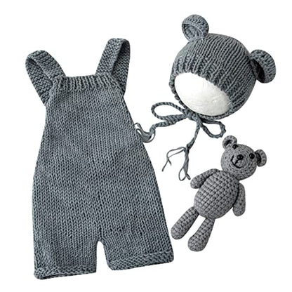 Newborn Photography Props Boys Girls Outfits Baby Photo Props Knit Bear Hat Romper Photoshoot Costume Set - color: Light Gray