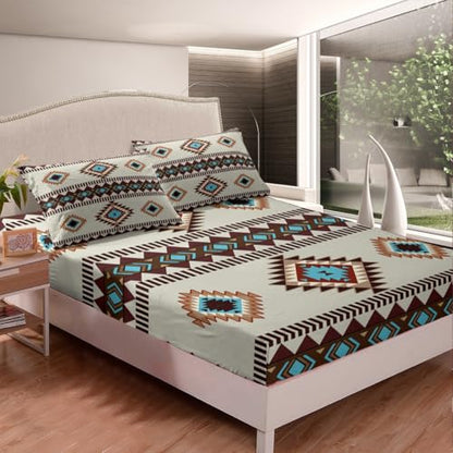 Feelyou Wild West Sheet Set King Size Kids Western Ethnic Tribal Bed Sheets Set for Boys Girls Teens Boho Exotic Sheets with Deep Pocket Fitted Sheet Bohemian Bedding Set Blue Bed Set - color: Blue Brown Beige, size: King