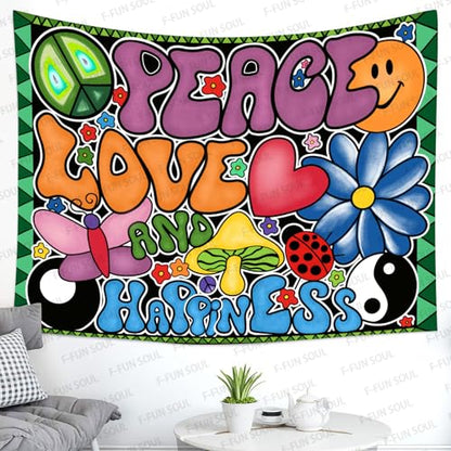 F-FUN SOUL Peace Love and Happiness Tapestry, 60x40inches Soft Flannel, 70s Theme Party Tapestries Hippie Aesthetic Tapestry Wall Hanging for Bedroom Living Room Decor GTZYFS915 - size: 60"L x 40"W