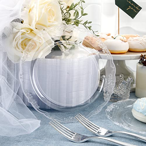 U-QE 60 Pieces Clear Plastic Plates - 7.5 Inch Clear Disposable Plates - Plastic Appetizer Plates - Premium Hard Dessert Plates - Party Supplies for Birthdays, Celebrations, Wedding and Events - color: 10Inch-60pcs-Lace