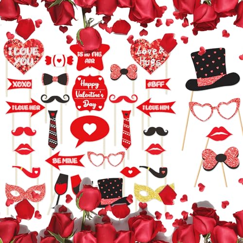 30Pcs Valentine's Day Photo Booth Props Happy Lovers Selfie Props Funny Red Heart Lip Glasses Beard Hat Wine Glass Photobooth Props for Photography for Wedding Party Photoshoot Decorations