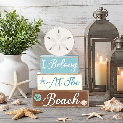 GlikCeil 4 Pcs Summer Sand Dollars Wooden Table Decorations Centerpieces Blocks Sand Dollars Summer Beach Tiered Tray Table Top Sign Decor for Office Dining Room Mantle Home Wood Party Supplies - style: Beach