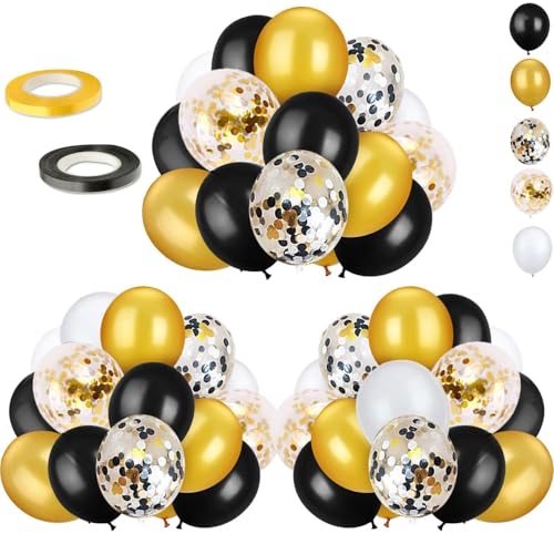 72 Pack Black Gold Confetti Balloons Kit, 12 Inch Black Gold White Balloons and Gold Confetti Balloons with Balloon Ribbons for Graduation Birthday Wedding Baby Shower Party Decorations - color: Black White Gold