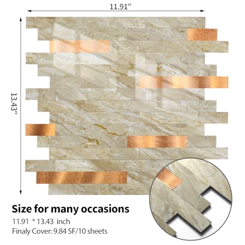 Yipscazo 10 Sheets Peel and Stick Stone Metal Tile Backsplash, Stick on Tiles for Backsplash Kitchen, Bathroom, Laundry Room, Camper, Fireplace (12'' X 12'', Polished Beige) - color: Polished Beige