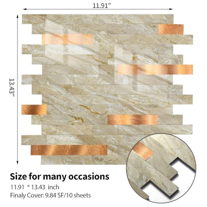 Yipscazo 10 Sheets Peel and Stick Stone Metal Tile Backsplash, Stick on Tiles for Backsplash Kitchen, Bathroom, Laundry Room, Camper, Fireplace (12'' X 12'', Polished Beige) - color: Polished Beige