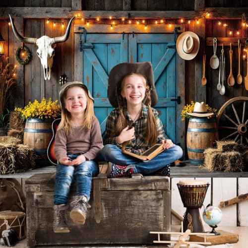 Western Cowboy Backdrop Decorations Wild West Country Farm Rustic Blue Barn Door Saloon Background Rodeo Banner Photoshoot Decor Supplies Photo Props for Kids Birthday Polyester Fabric 13x6ft