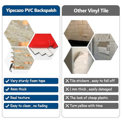 Yipscazo 10 Sheets Peel and Stick Stone Metal Tile Backsplash, Stick on Tiles for Backsplash Kitchen, Bathroom, Laundry Room, Camper, Fireplace (12'' X 12'', Polished Beige) - color: Polished Beige