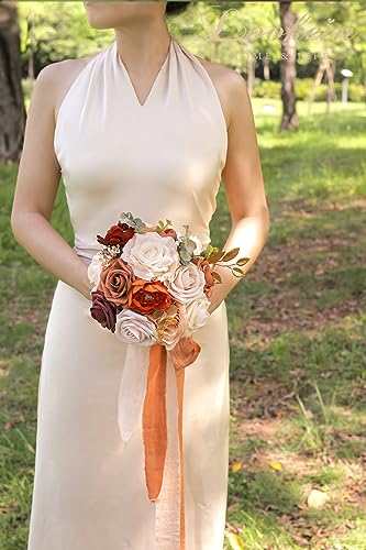 Lookein Set of 4 Bridesmaid Bouquet for Wedding 7 Inch Artificial Flowers Bouquet Wedding Bouquet Bridal Bouquet Tossing Bouquet for Wedding Ceremony Anniversary Bridal Shower, Chic Terracotta - color: 7" Chic Terracotta