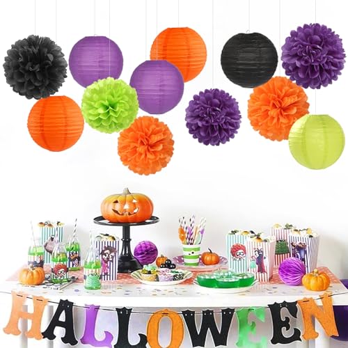 Black-Orange Purple Green Halloween Party-Decorations - 15PCS Paper Flowers Lanterns Tissue Pom Poms Streamers,Vintage Birthday Baby Shower Bachelorette Wedding Bathroom Hanging Supplies Decor Hugfond - color: Orange Green Purple
