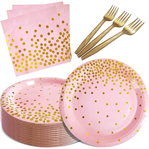 Pink and Gold Party Supplies,Serves 35 Guests Pink Paper Plates and Napkins,Disposable Party Paper Plates for Birthday Wedding - color: Pink Gold Dot Paper Plate