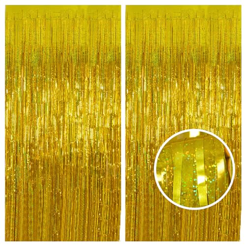Gold Tinsel Curtain Backdrop – Melsan 2 Pack 3.2 ft x 8 ft Metallic Foil Fringe Curtains for Class of 2026 Decorations, Birthday Decorations, Photo Booth Backdrop, Sparkle Gold Party Streamers - color: Gold