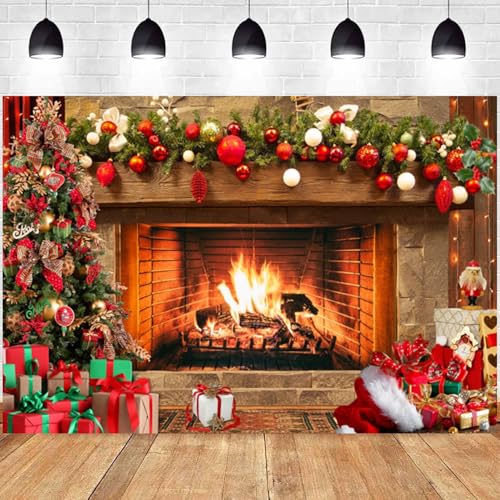 7x5FT Christmas Backdrop Vintage Fireplace Xmas Tree Garland Gifts Photography Background Family Kids Winter Holiday Christmas New Year Party Decorations Banner Photo Booth Props - size: 7x5FT