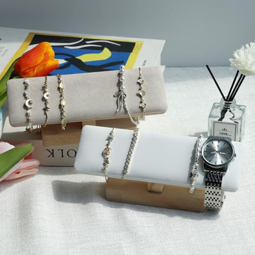 Bracelet Display Wooden Watches Display Tower Base Watch Neck Bracelet Organizer Rack Bangle Scrunchie Headband Showcase Tower Beige Suede - color: Flat Suede Beige