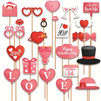 Valentine's Day Photo Booth Props Selfie Photobooth Props for Photoshoot Funny Masks Love Heart Glasses Mustache Backdrop Decorations Supplies Wedding Party DIY Posing Signs Favor 25 Pcs