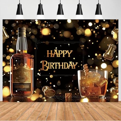 Whiskey Happy Birthday Backdrop Black Gold Glitter Bokeh Background Aged to Perfection Whiskey Birthday Party Decorations Men Supplies Vinyl Photo Booth Prop Cheer Table Decor Banner-8 * 6ft