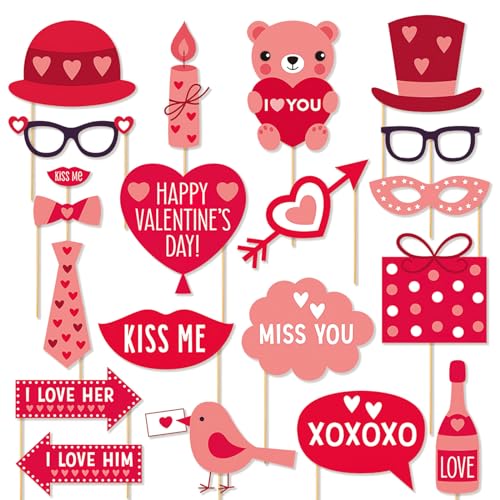 AUOCATTAIL Valentine's Day Photo Booth Props 20 Pcs DIY Red Valentine Theme Funny Photo Props for Valentine's Day Wedding Birthday Party Decorations Supplies