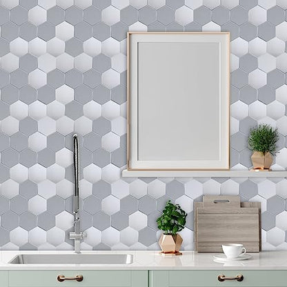 New Upgrade Premium Hexagon Peel and Stick Tile Backsplash，Matte Grey Waterproof Stick on Backsplash, Self-Adhesive Marble Tiles for Kitchen,Bathroom and Bedroom，10-Sheet. - color: Matte and Glossy Grey