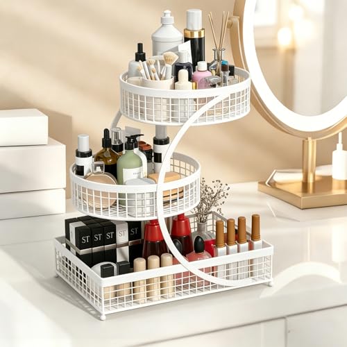 BCWW 3 Tiers Makeup Organizer Countertop Multi Bathroom Counter Organizer Metal Fruit Basket Perfume Skincare Organizers Holder for Vanities, Cabinet, Cosmetic, Dresser Organizer (White) - color: White