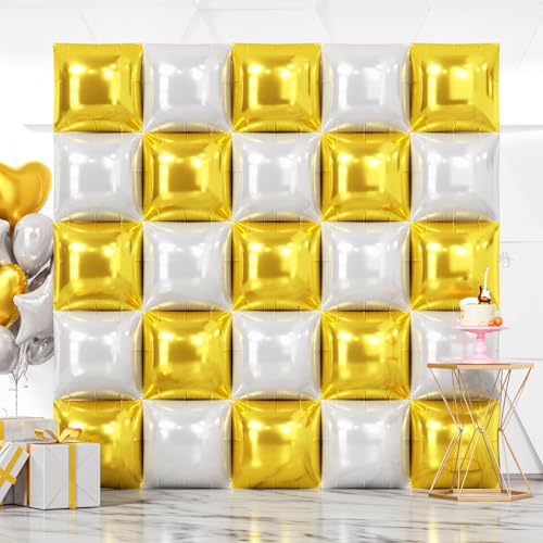 NISOCY 25PCS Gold White Square Foil Balloons Wall Backdrop Double Sided Gold Pearl White Balloon Arch Kit for Birthday New Year Wedding Engagement Bridal Shower Party Decorations - color: B02 - Gold and Pearl White, size: 25PCS