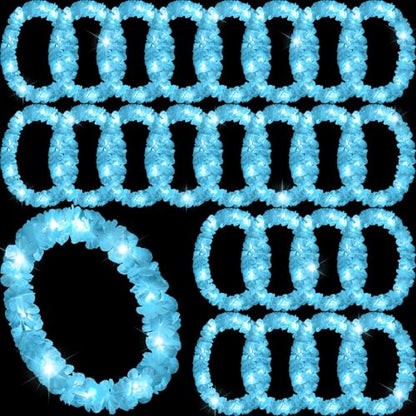 Sherr 24 Pcs LED Leis Light up Wedding Hawaiian Leis Flower Necklace with LED Lights Beach Tropical Carnival Party Wedding Supplies Luau for Masquerade(Baby Blue) - color: Baby Blue