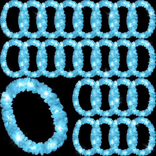 Sherr 24 Pcs LED Leis Light up Wedding Hawaiian Leis Flower Necklace with LED Lights Beach Tropical Carnival Party Wedding Supplies Luau for Masquerade(Baby Blue) - color: Baby Blue