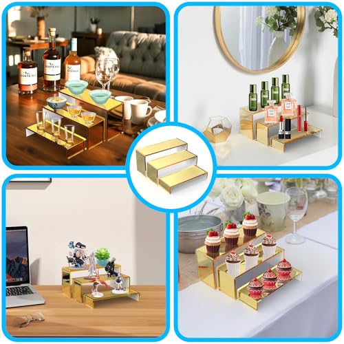 6 PCs Risers Display Stands 3 Tiers Desktop Acrylic Shelves Cake Dessert Holder Products Stand for Collectibles Shoes Jewels Pop Figure (Golden) - color: Golden 6 PCs